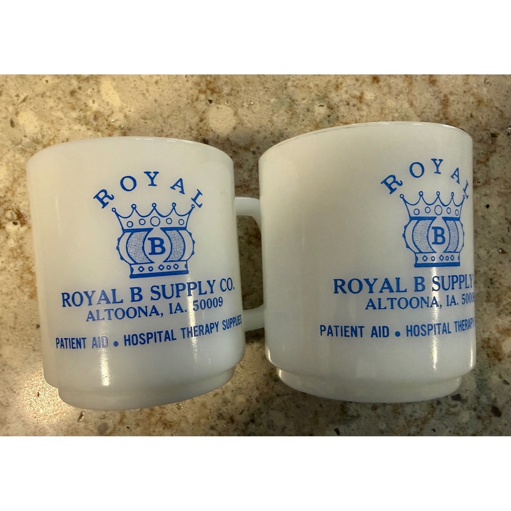 Vintage Glasbake Milk Glass Mugs Royal B Supply Co Altoona IA Set of 2 USA